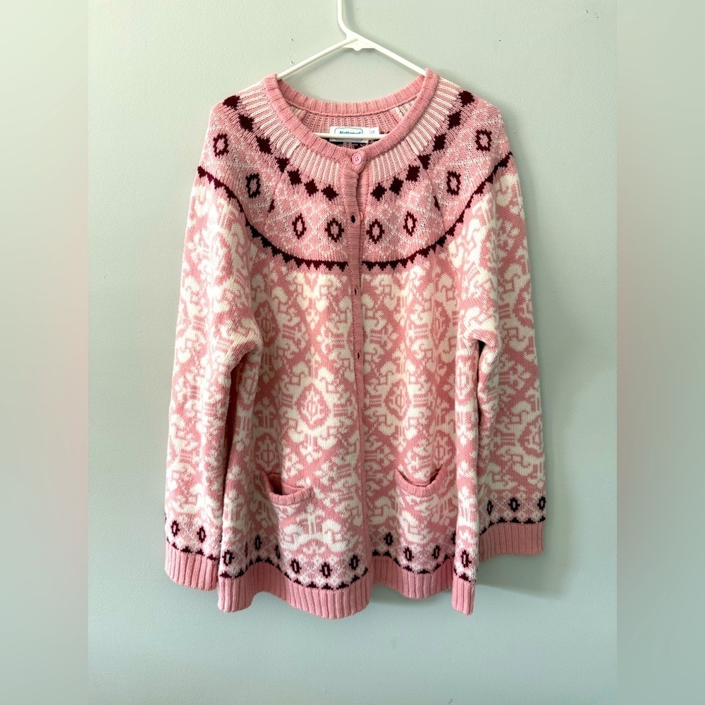 VTG Christmas Sweater Cardigan Hippie Boho Pink Magenta Aztec Pattern Size 2X